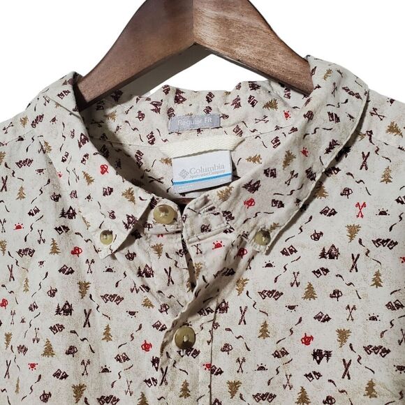 Columbia Camping Print Shirt XL Button Up Short Sleeve Outdoor Regular Fit Mens - Picture 2 of 11